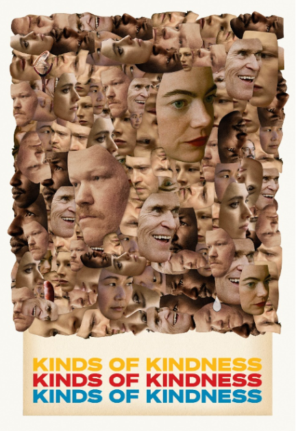 A collage of various faces showing different expressions with the text "KINDS OF KINDNESS" repeated three times at the bottom.