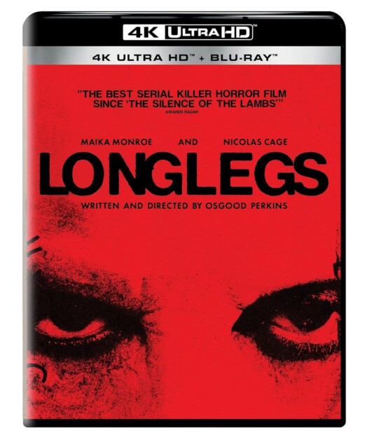 Cover of the 4K Ultra HD and Blu-ray movie "Longlegs," featuring intense close-up eyes on a red background, with names Maika Monroe and Nicolas Cage, and credited to writer-director Osgood Perkins.