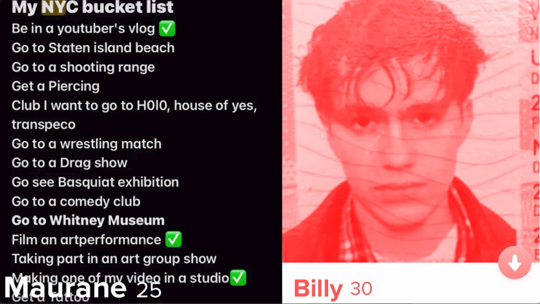 Image of a person's bucket list for NYC and a photo of a person. The list includes various activities with some checked off. The person is named Billy and is listed as 30 years old.