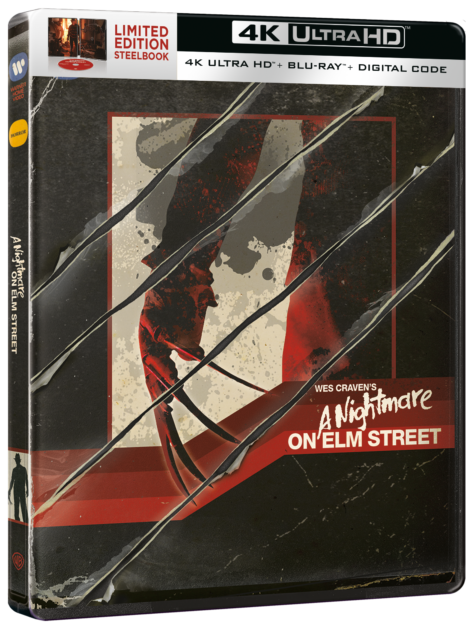 Limited Edition Steelbook cover of "A Nightmare on Elm Street" 4K Ultra HD, Blu-ray, and Digital Code. The cover features a scratched design and an image of Freddy Krueger's glove.