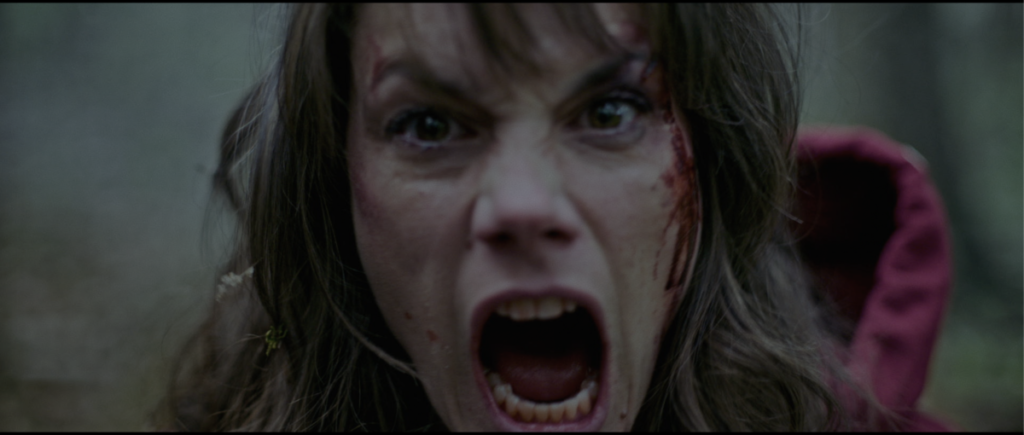 A close-up of a person with disheveled hair and a bloodied face, screaming with their mouth wide open.