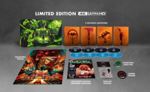 Limited edition 4K Ultra HD box set including 4 exclusive slipcovers, collectible poster, Fangoria magazine, iron-on patches, logo pin, domed sticker, and multiple discs.