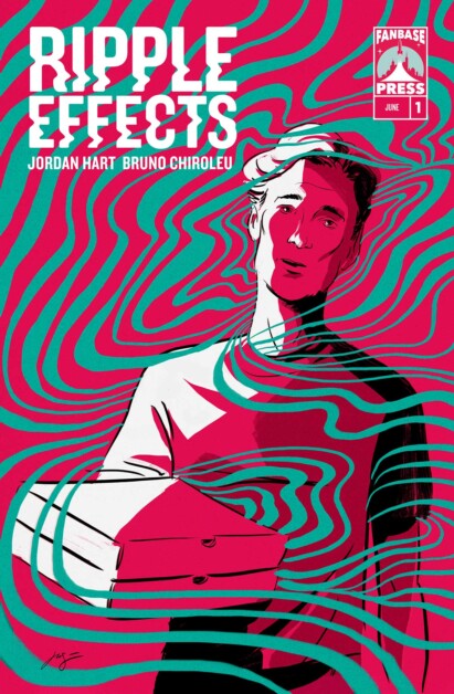 Cover of "Ripple Effects" Issue 1 by Jordan Hart and Bruno Chiroleu. Features an illustration of a person holding a box, surrounded by wavy lines, with a pink and green color scheme.
