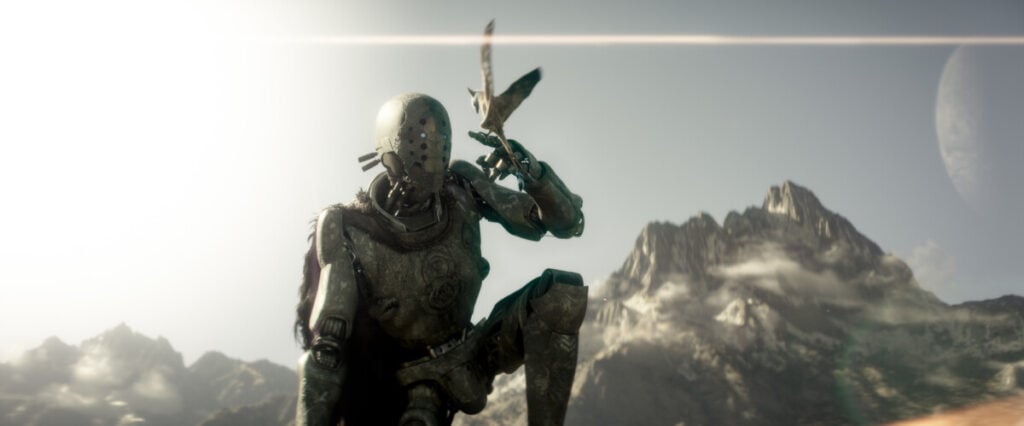 A humanoid robot kneels on a rocky terrain with mountains in the background, while a bird hovers near its raised arm.
