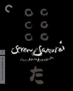 Cover of the Criterion Collection edition of "Seven Samurai," featuring stylized Japanese characters and the title in English. Directed by Akira Kurosawa, released in 1954.