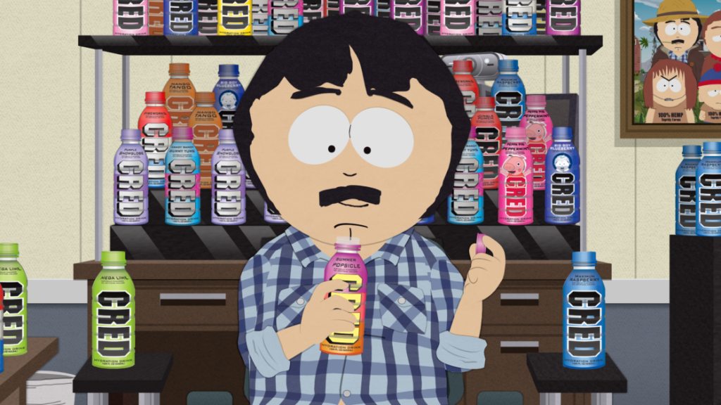 A cartoon character with black hair and a mustache stands in front of shelves filled with various bottles labeled "CRED." He holds a bottle and a small object in his hands.