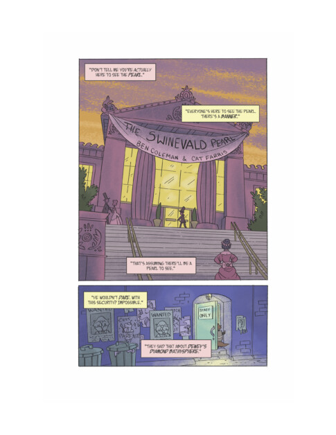 A comic panel showing a building labeled "The Swinevald Perry" with banners and two people conversing about the museum exhibit. Another panel displays a door with posted signs.