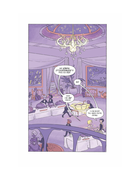 A lavish dining room with several people in conversation. A chandelier hangs from the ceiling. Three speech bubbles contain dialogue among the characters.