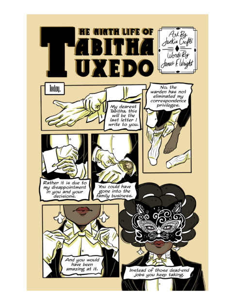 A comic book page titled "The Ninth Life of Tabitha Tuxedo" shows a character reading a letter in six panels, dressed formally with gloves, addressing disappointment with career choices and lack of communication.