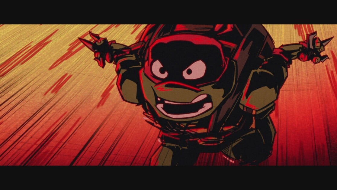 An animated turtle character in a dynamic pose, wearing a mask and gear, against a red and yellow motion-filled background.