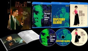 Blu-ray collection of The Baron series, featuring three box sets, two discs, three Blu-ray cases with cover art, and an open booklet displaying an interior page showing a character holding a book.