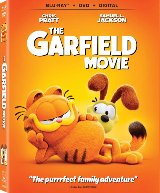 Cover of "The Garfield Movie" Blu-ray, DVD, and Digital. Features Garfield lounging with Odie, and text mentions actors Chris Pratt and Samuel L. Jackson. Described as "The purrrfect family adventure.