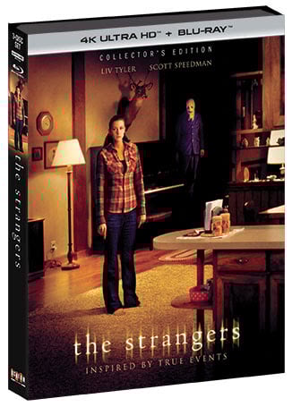 Cover of "The Strangers" 4K Ultra HD + Blu-ray Collector's Edition showing a woman standing in a dimly lit room with a masked man in the background. The text includes actors' names and the film's title.