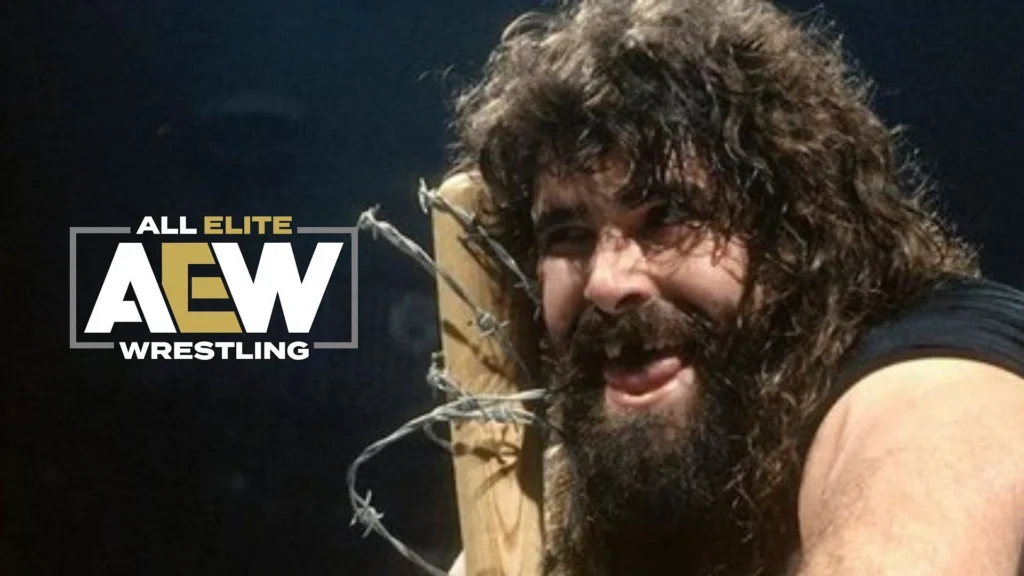 A wrestler holding a barbed-wire bat smiles menacingly with the All Elite Wrestling (AEW) logo displayed on the left side of the image.