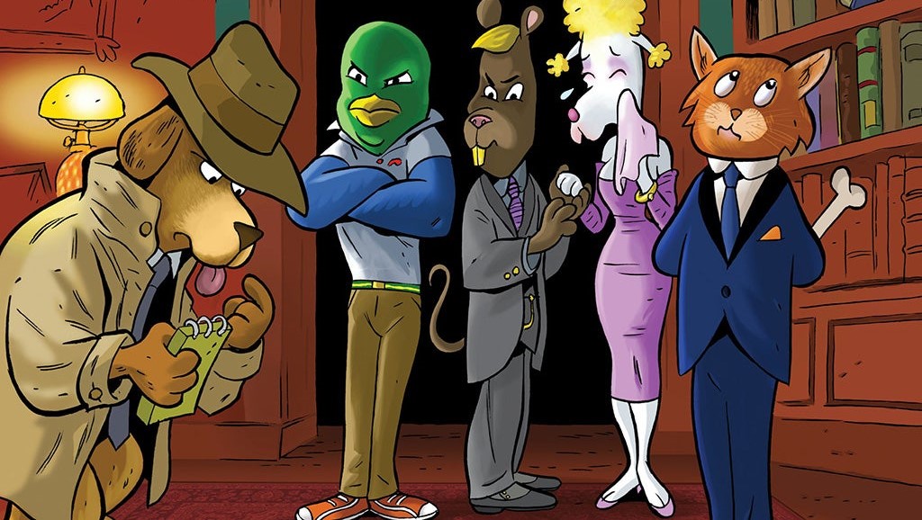 Anthropomorphic animal characters dressed in detective and formal outfits are gathered in a room, with one dog in a trench coat taking notes and others striking various poses.