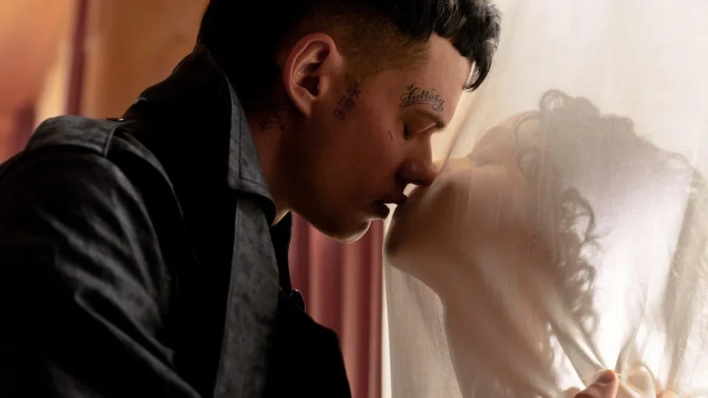 A person with tattoos on their face leans in to kiss another person through a semi-transparent curtain.