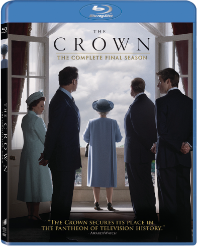 Blu-ray cover of "The Crown: The Complete Final Season" features four characters dressed formally, facing a window with a view. A quote at the bottom praises the show's place in television history.