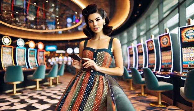 woman in a dress holding a tablet in a casino