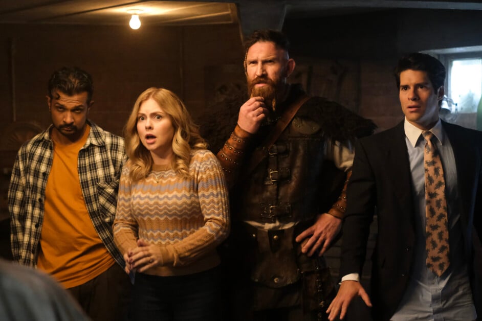 “Patience” – While Sam and the ghosts race to find him, Isaac comes face to face with Puritan ghost Patience (Mary Holland) for the first time since she was lost in the dirt, on the fourth season premiere of the CBS Original series GHOSTS, Thursday, Oct. 17 (8:30-9:00 PM, ET/PT) on the CBS Television Network, and streaming on Paramount+ (live and on demand for Paramount+ with SHOWTIME subscribers, or on demand for Paramount+ Essential subscribers the day after the episode airs)*. Pictured (L-R): Utkarsh Ambudkar as Jay, Rose McIver as Samantha, Devan Chandler Long as Thorfinn, and Asher Grodman as Trevor. Photo: Bertrand Calmeau/CBS ©2024 CBS Broadcasting, Inc. All Rights Reserved.