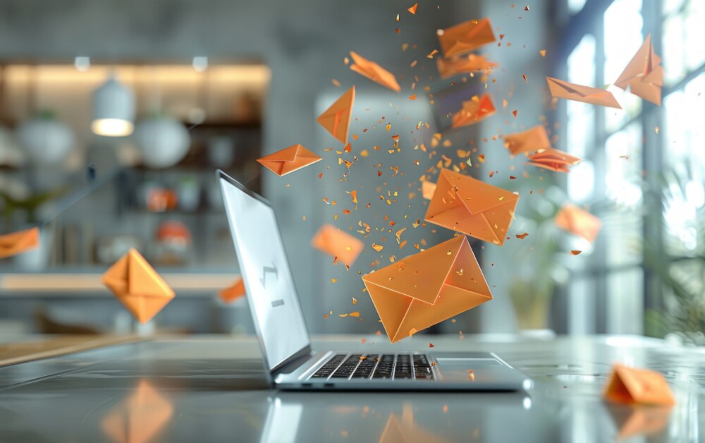 Email concept shown on a laptop used to send and receive e-mails. Email and sms marketing concept.
