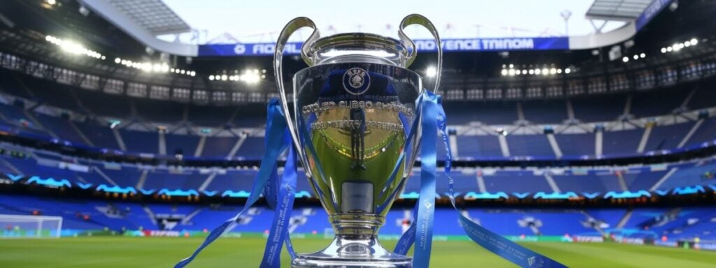 The uefa champions league trophy is standing on a soccer field, in a stadium decorated in blue for the event
