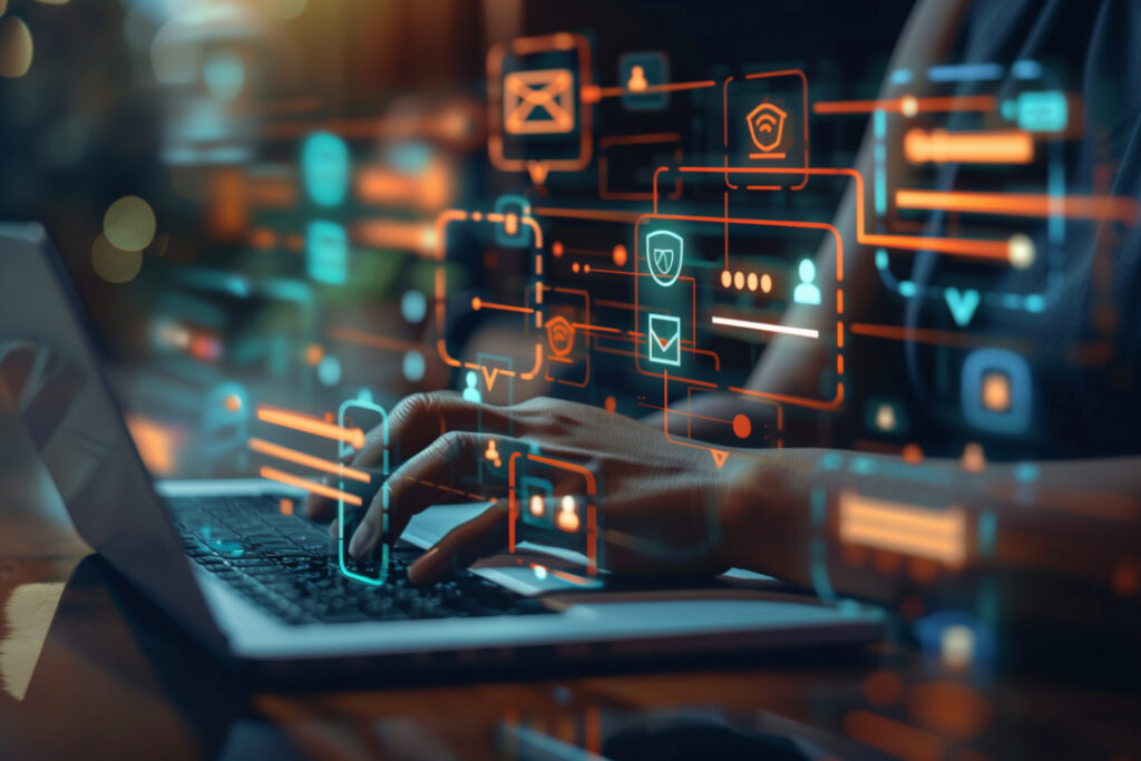 Hands typing on a laptop with glowing, holographic digital interface elements overlayed, depicting data flow and network connections.