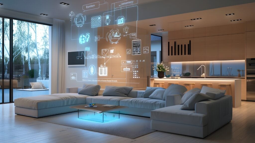 Modern living room with smart home technology displays projected on the wall, large white sofas, and an open kitchen with wooden cabinets, set against a backdrop of large glass windows showing trees.