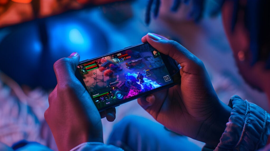 Person playing a video game on a smartphone, with colorful graphics and a dark ambiance.