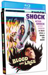 Blu-ray cover of "Blood and Lace" featuring dramatic artwork with a man holding a hammer, a couple escaping, and flames, alongside text: "Shock after shock as desire drives a bargain with death.