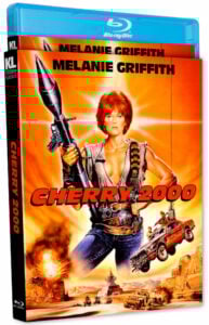 Blu-ray cover of the film "Cherry 2000," featuring a person holding a weapon against an orange backdrop with vehicles and action scenes.