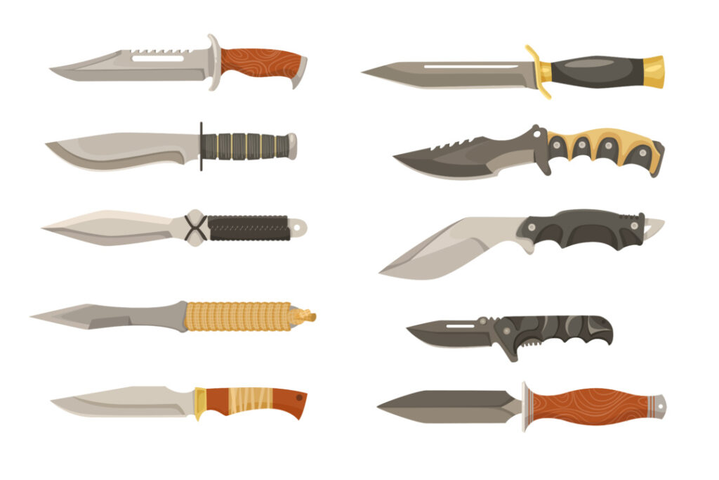 Illustration of ten distinct knives with various blade shapes and handle designs displayed on a white background.