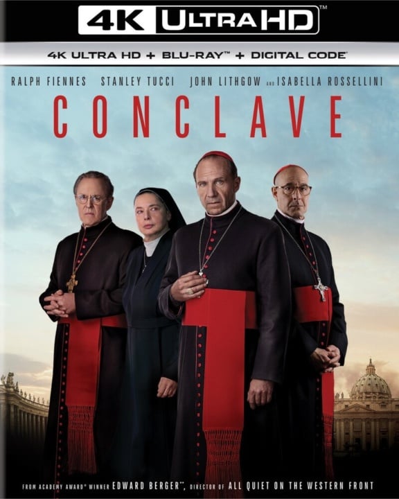 Cover of "Conclave" 4K Ultra HD, Blu-ray, Digital showing four people in clerical attire against a backdrop of the Vatican.