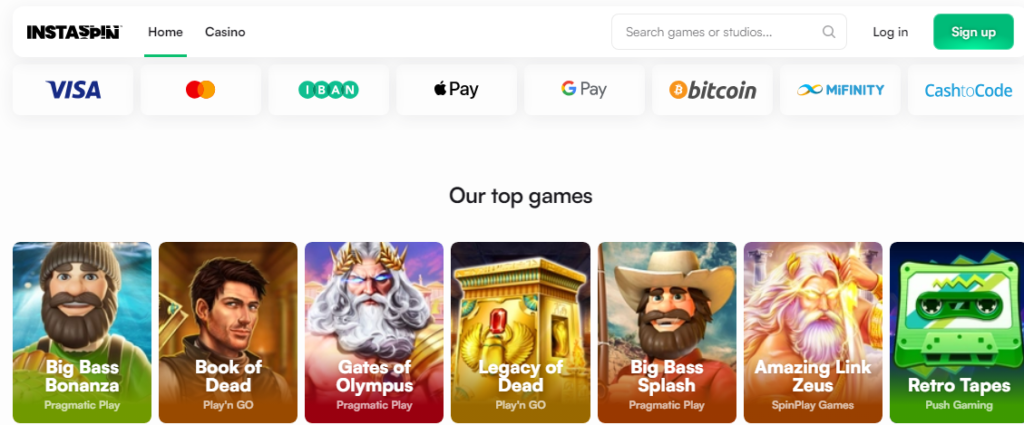 Screenshot of a gaming platform homepage showing payment methods and top games such as Big Bass Bonanza, Book of Dead, and Amazing Link Zeus.