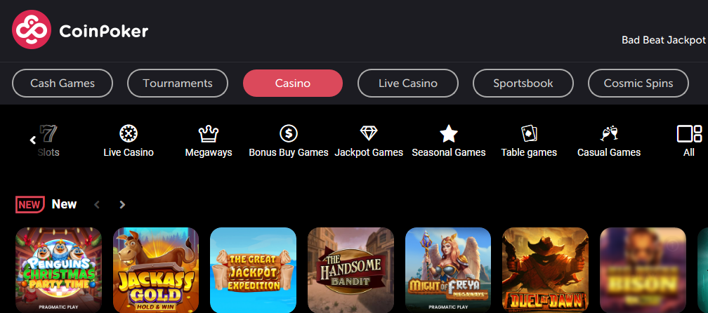 Screenshot of CoinPoker's casino page displaying game categories like Cash Games and Tournaments, with game icons such as "Penguin's Christmas Gold" and "The Great Jackpot Expedition.
