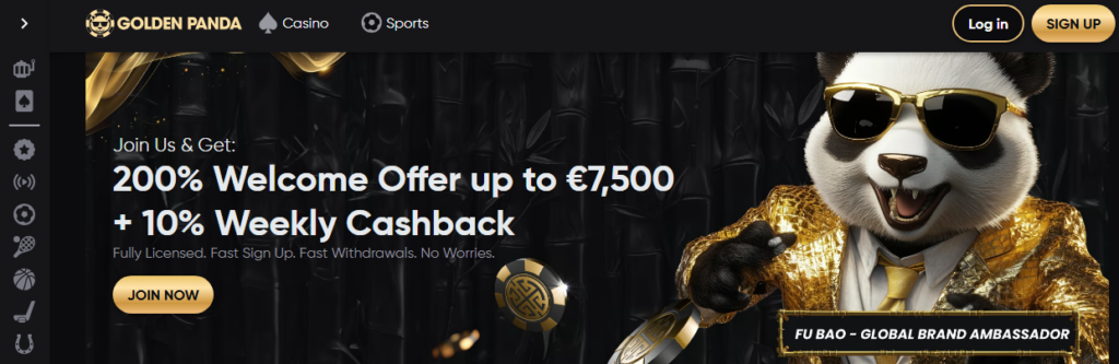 Casino website banner with a panda in a gold suit, promoting a welcome offer of up to €7,500 and 10% weekly cashback.