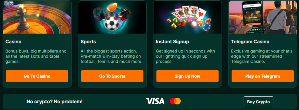 Screenshot of a website featuring options for Casino, Sports, Instant Signup, and Telegram Casino with buttons to access each. Includes a "No crypto? No problem!" section with Visa and Mastercard logos.