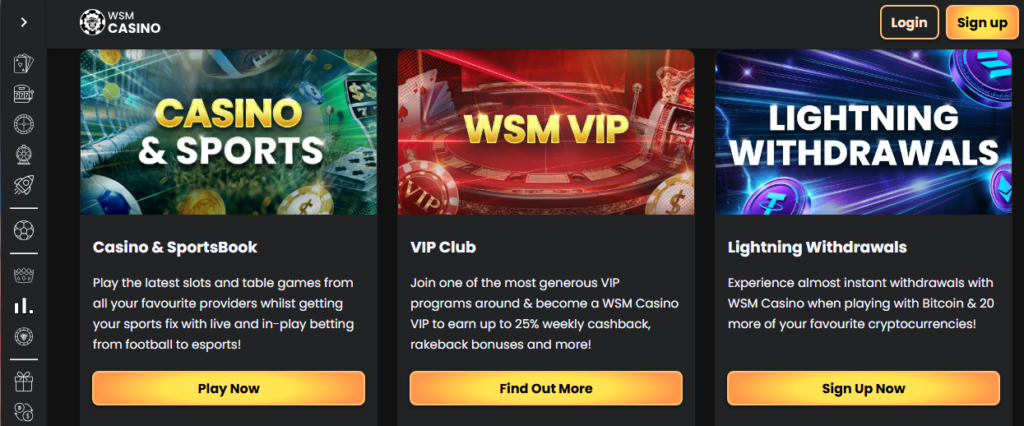 Screenshot of a WSM Casino webpage highlighting three features: Casino & Sports, VIP Club, and Lightning Withdrawals, each with a brief description and signup options.