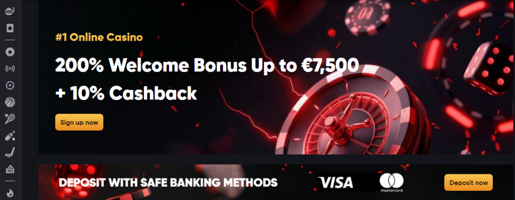 Online casino ad featuring a roulette wheel, offers a 200% welcome bonus up to €7,500 and 10% cashback. Payment options include Visa and Mastercard. Buttons for sign up and deposit now.