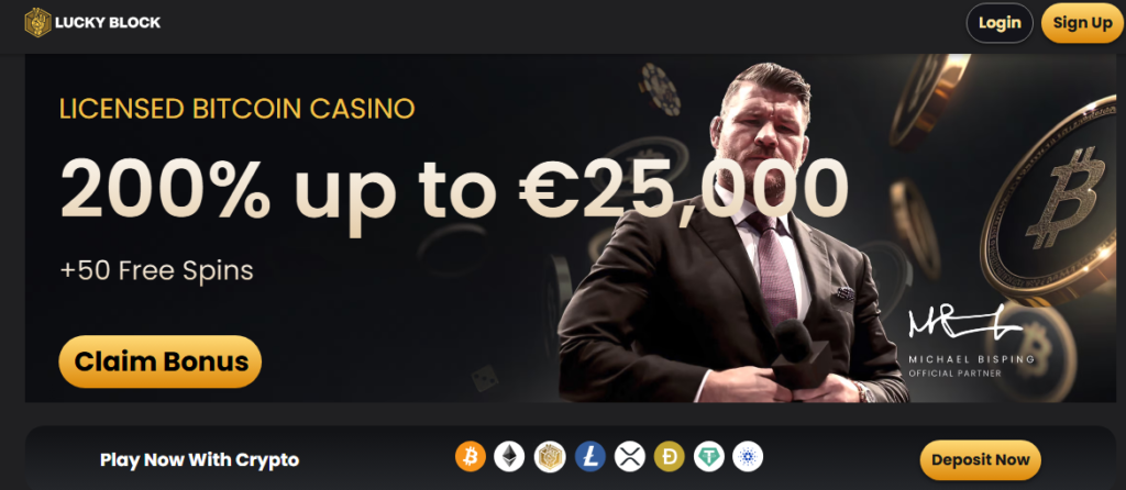 Advertisement for a licensed Bitcoin casino offering a 200% bonus up to €25,000 and 50 free spins. Features a person in a suit and links for login, sign up, and cryptocurrency options.