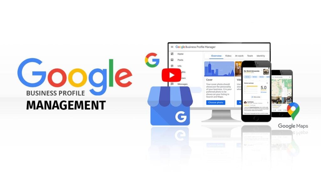 Google Business Profile Management illustration featuring a computer, phone, store icon, and map symbol.