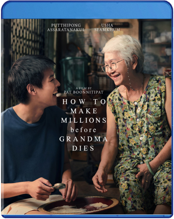 A grandmother and a young man sit together, smiling. The image features the movie title, "How to Make Millions Before Grandma Dies" with their names above.