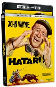 Cover of a 4K Ultra HD + Blu-ray movie titled "Hatari!" featuring a man making a gesturing expression with animals below. Directed by Howard Hawks.