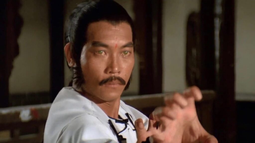 A man with a mustache and a focused expression poses in a martial arts stance indoors.