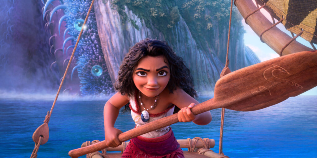 An animated character with curly hair navigates a raft with a wooden paddle against a backdrop of cliffs and ocean.