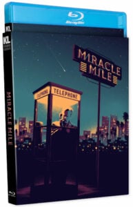 Blu-ray cover of "Miracle Mile" featuring a 1980s-style illustration of a telephone booth against a city skyline at night.