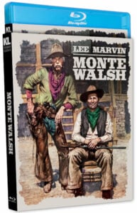 Blu-ray cover of "Monte Walsh" featuring two men in cowboy attire holding guns, with one standing and the other sitting, set against a Western background.