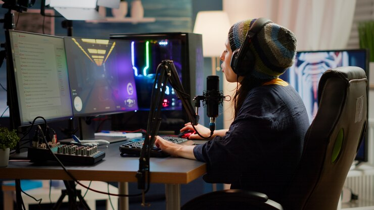 Person wearing a beanie and headphones streams a video game at a desk with multiple monitors and audio equipment.