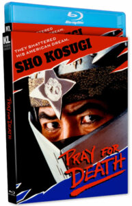 Blu-ray cover of the film "Pray for Death," featuring an intense close-up of a masked character with the text "They shattered his American dream" and the name Sho Kosugi.