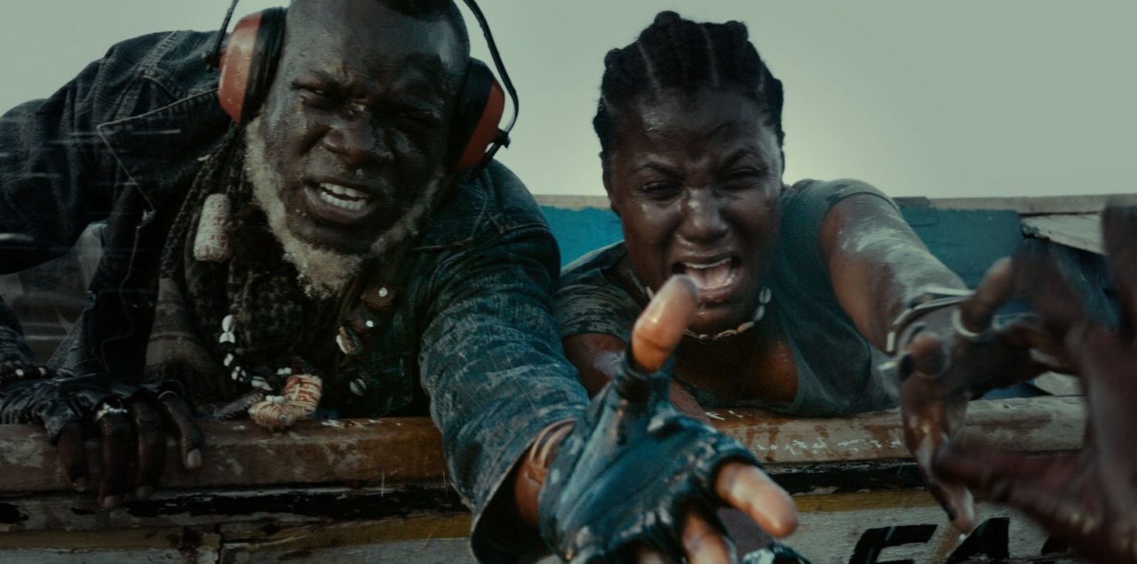 Two people with intense expressions reach out their hands urgently from a boat, appearing distressed. A cloudy sky forms the backdrop.