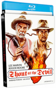 Blu-ray cover of "Shout at the Devil" featuring two men with hats and rifles, set against an African map silhouette. Names listed: Lee Marvin, Roger Moore, Barbara Perkins, Ian Holm.